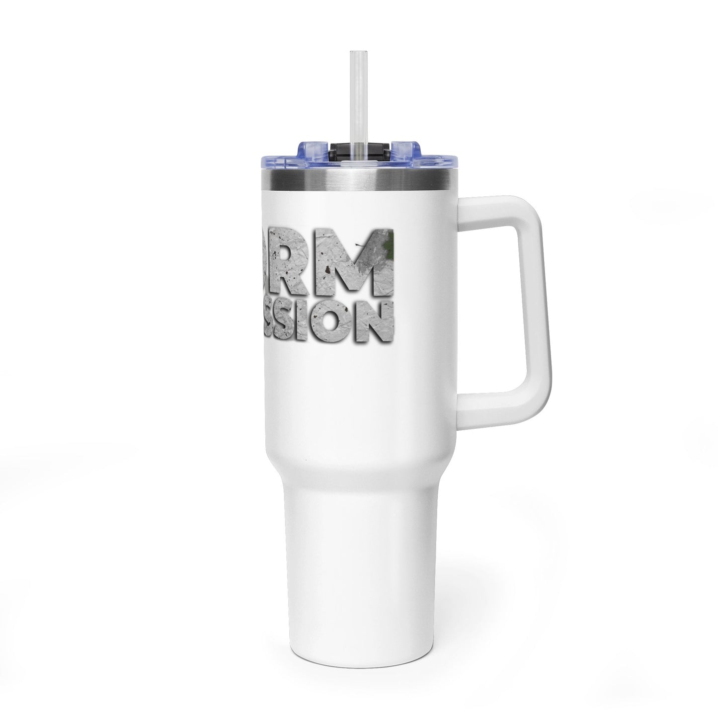 40oz Vacuum Tumbler — 'Storm of Passion' Bold Stone Text Travel Mug