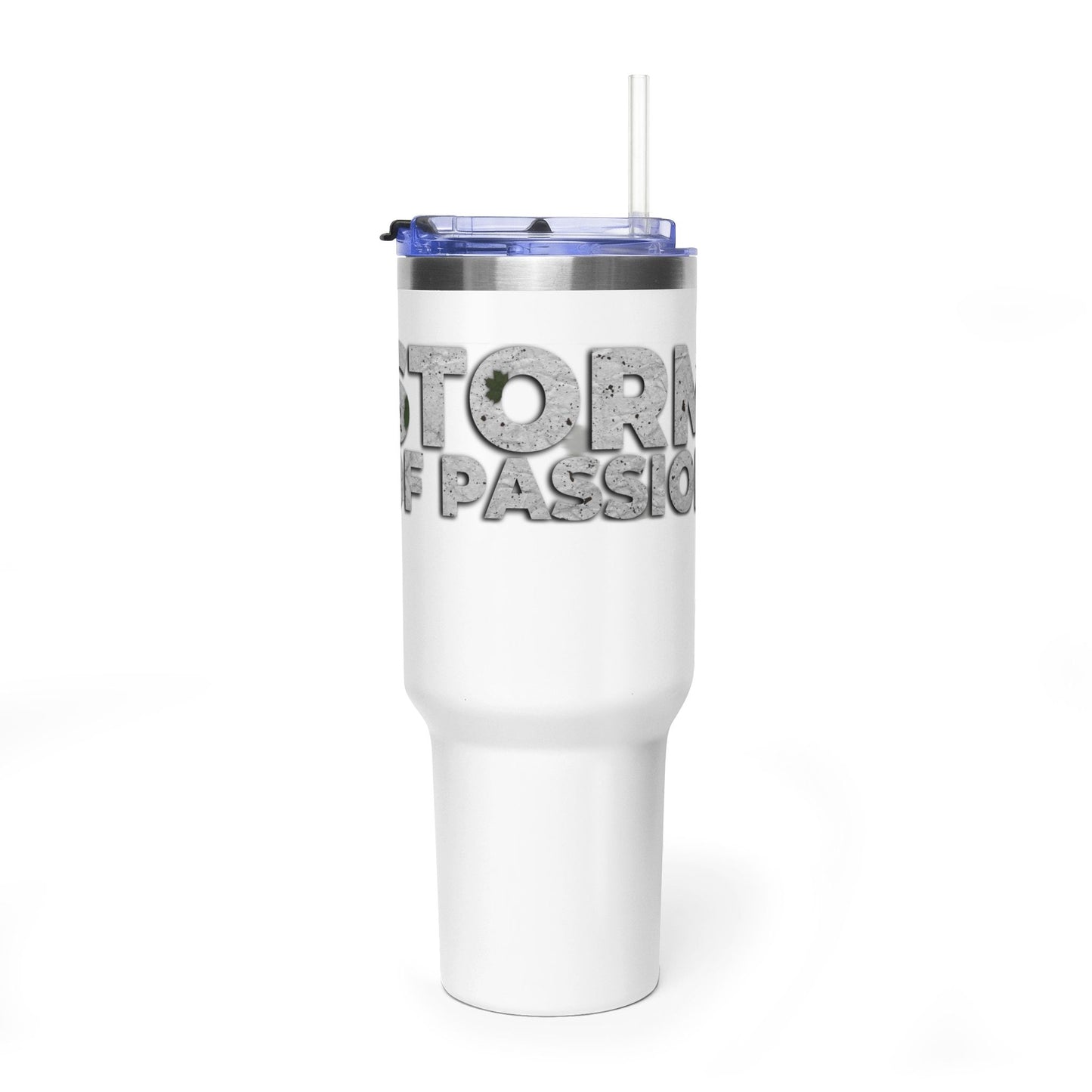 40oz Vacuum Tumbler — 'Storm of Passion' Bold Stone Text Travel Mug