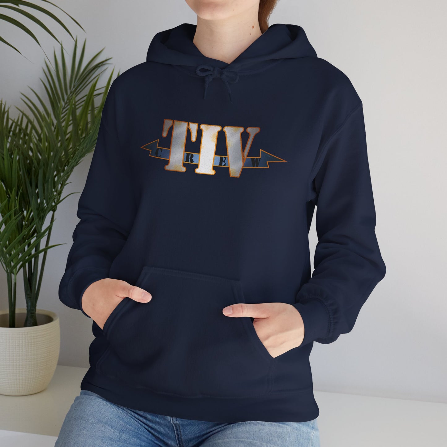 TIV Crew Logo Hoodie — Minimalist Metallic Graphic Pullover
