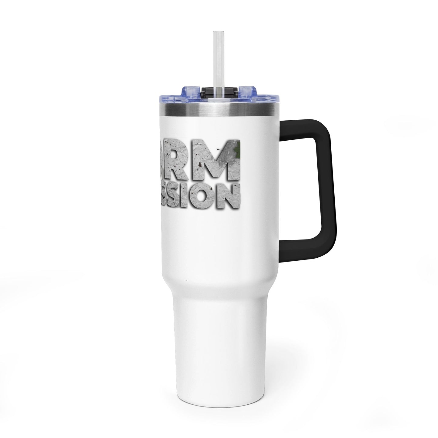 40oz Vacuum Tumbler — 'Storm of Passion' Bold Stone Text Travel Mug