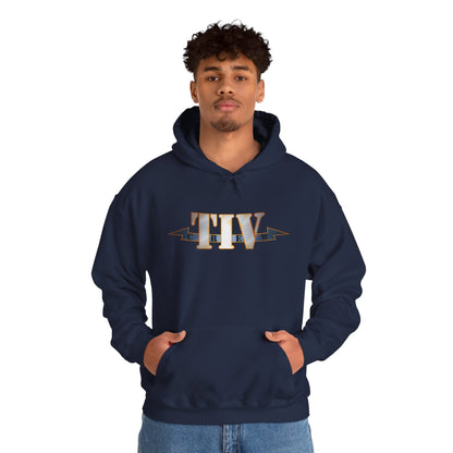 TIV Crew Logo Hoodie — Minimalist Metallic Graphic Pullover