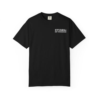 Storm Pattern T‑Shirt — Retro Block Logo Chest Print