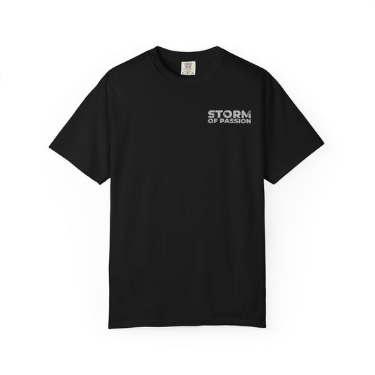 Storm Pattern T‑Shirt — Retro Block Logo Chest Print