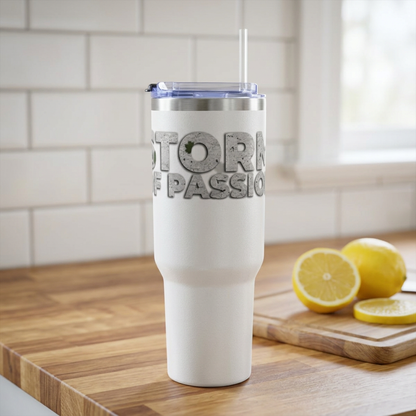 40oz Vacuum Tumbler — 'Storm of Passion' Bold Stone Text Travel Mug