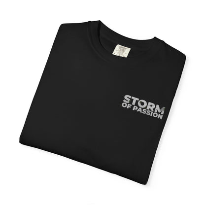Storm Pattern T‑Shirt — Retro Block Logo Chest Print